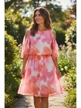 London Times Pink and Orange Floral Cold Shoulder Dress Size 6